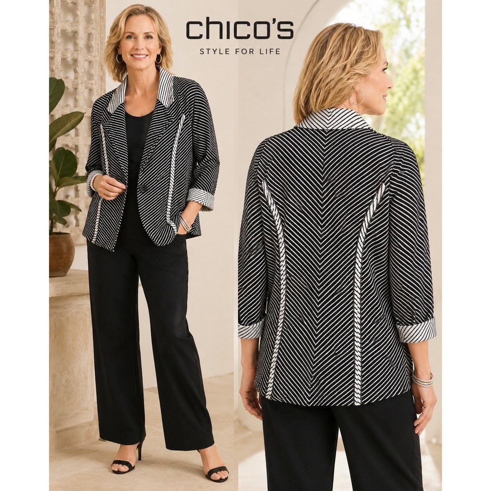 Chico's Black White Striped Knit Blazer Jacket Chevron 3/4 Sleeve Size 0 Small